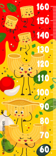 Kids height chart ruler. Cartoon italian pasta characters growth measure meter with scale. Vector personage of cute macaroni food, wall stadiometer sticker with funny conchiglie, creste and ditalini