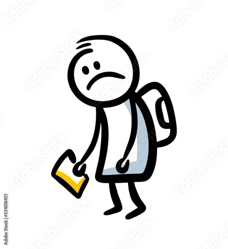 Very sad pupil character going home with schoolbag and bad marks.