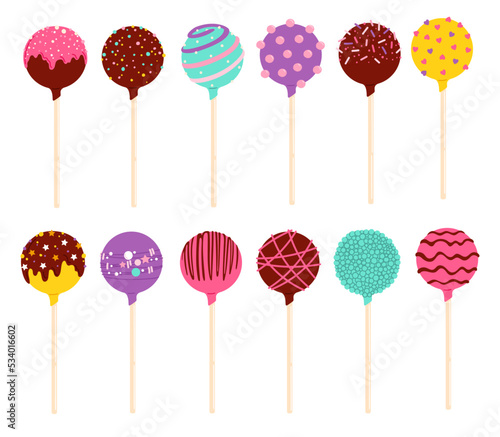 Cake pops and chocolate lollipop candies. Sweet food or pastry dessert vector balls on wood sticks. Isolated cakepops, covered with chocolate glaze, sprinkles, chopped nuts and colorful sugar pearls
