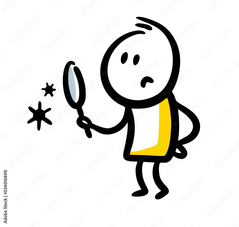 Doodle character looks through magnifying glass on virus covid 19. Doodle character looks through magnifying glass on virus covid 19.