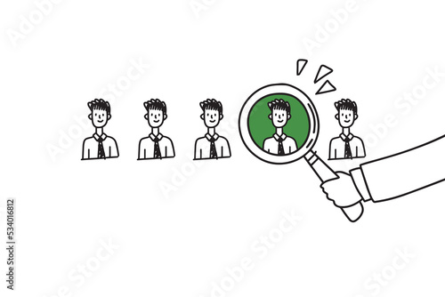  Doodle business concept. Men Job candidate selection, office interview, employee search. 