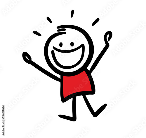 Doodle character with happy face jumps and shout of joy.