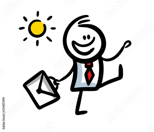 Happy doodle man going to the work with bag in his hand.