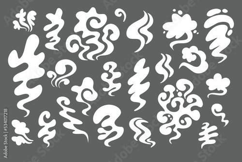 Smoke different shapes set. White cloud fog cigarette fire in cartoon style for game. Isolated flat