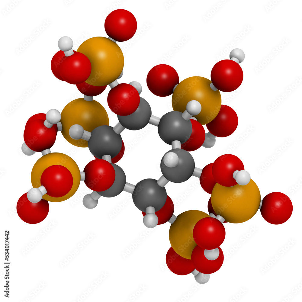 Phytic acid (hexakisphosphate, IP6, phytate) molecule. Present in seeds and grains of many plants, acting as storage form of phosphorus. Phytic acid (hexakisphosphate, IP6, phytate) molecule. Present in seeds and grains of many plants, acting as storage form of phosphorus.