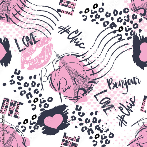 Fashion seamless pattern. Bonjour Paris. pattern with original calligraphic fonts, sketch Eiffel Tower and heart. for  fashion clothes, t shirt, child, wrapping paper. Creative girlish design  