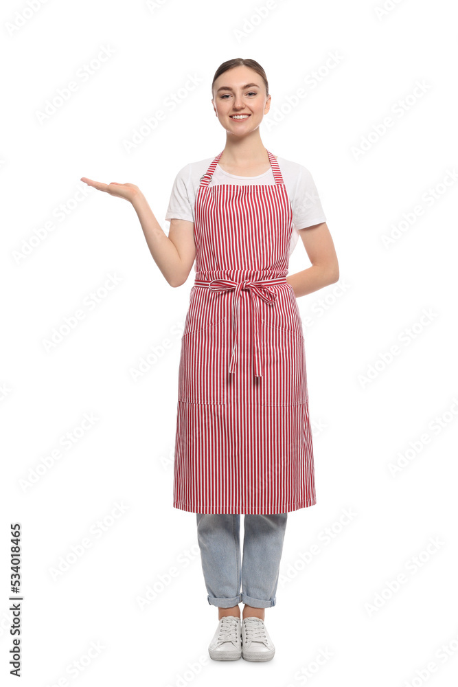 Beautiful young woman in clean striped apron on white background Beautiful young woman in clean striped apron on white background