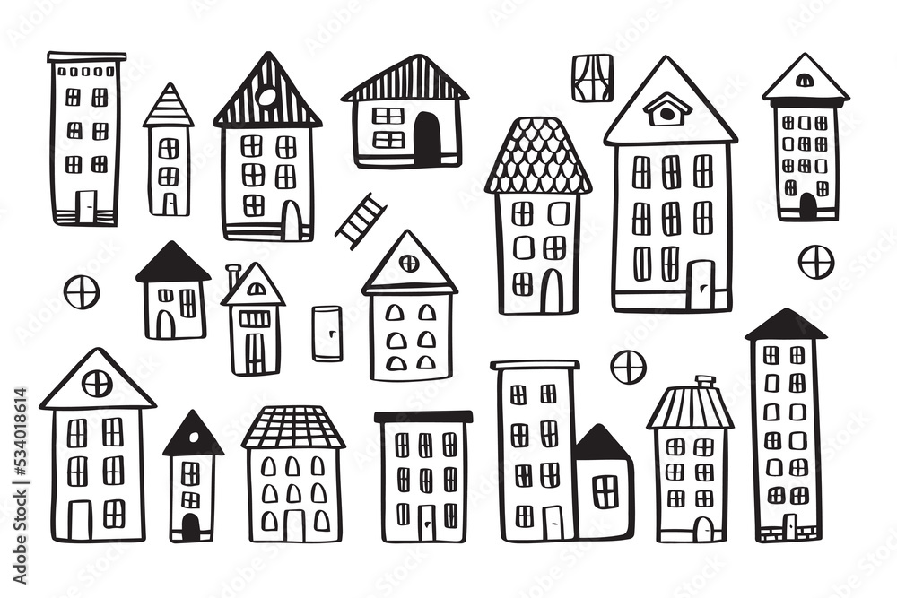  Various houses doodle set. vector hand drawn doodle style