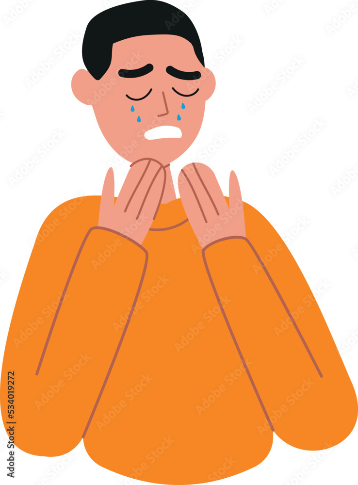 A sad crying person with falling tears on the face. Unhappy man depressed face expression. Screaming, feeling pain. Body language, nonverbal communication, negative emotion. Vector illustration