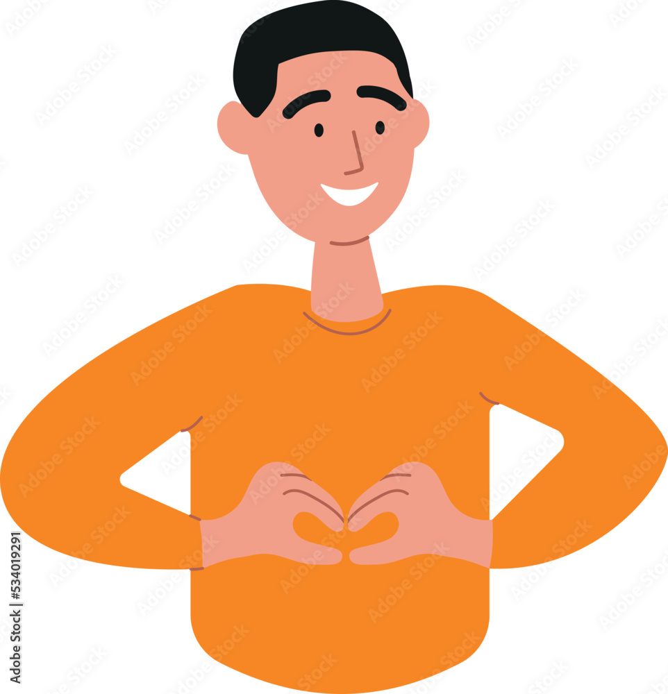A happy smiling person gestures a heart sign with his hands. Approval, like man, love. Body language, nonverbal communication, positive emotion and face expression. Vector illustration isolated A happy smiling person gestures a heart sign with his hands. Approval, like man, love. Body language, nonverbal communication, positive emotion and face expression. Vector illustration isolated