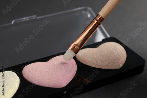 Canvas Print Palette of heart shaped eyeshadows with brush on dark background, closeup