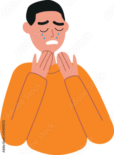 A sad crying person with falling tears on the face. Unhappy man depressed face expression. Screaming, feeling pain. Body language, nonverbal communication, negative emotion. Vector illustration