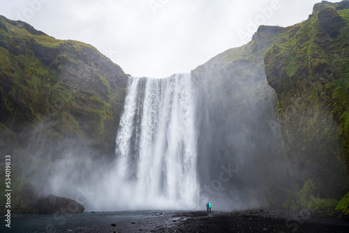 The Icelandic Skógafoss waterfall is located in the south of the island at the Skógar locality, originating from the Skógaá river, coming from the Eyjafjallajökull glacier