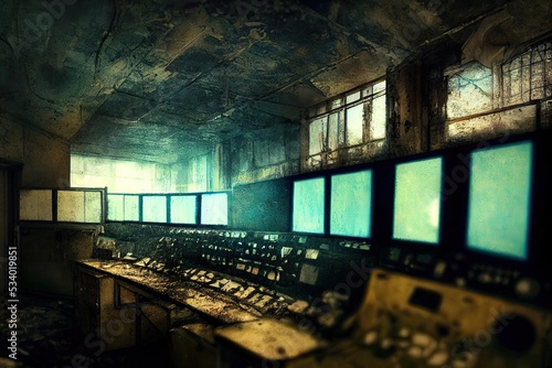 A nuclear ruin of Chernoby nuclear power station in Ukraine, as a result of the famous Chornobyl nuclear incident in 1986 in Pripyat, Soviet Union. 3D render.