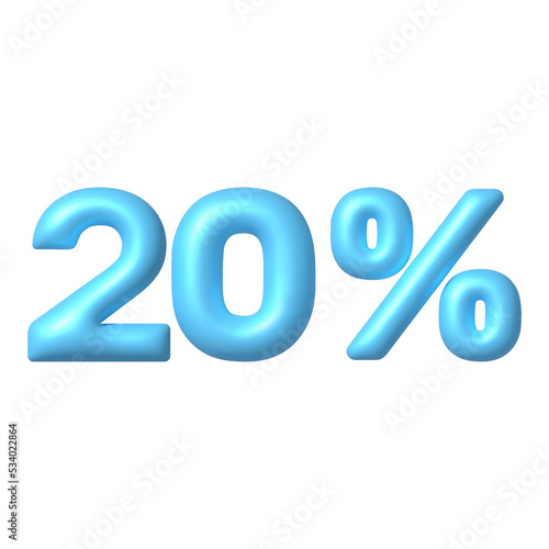 Number 3D icon. Blue glossy 20 percent discount vector sign. 3d vector realistic design element.