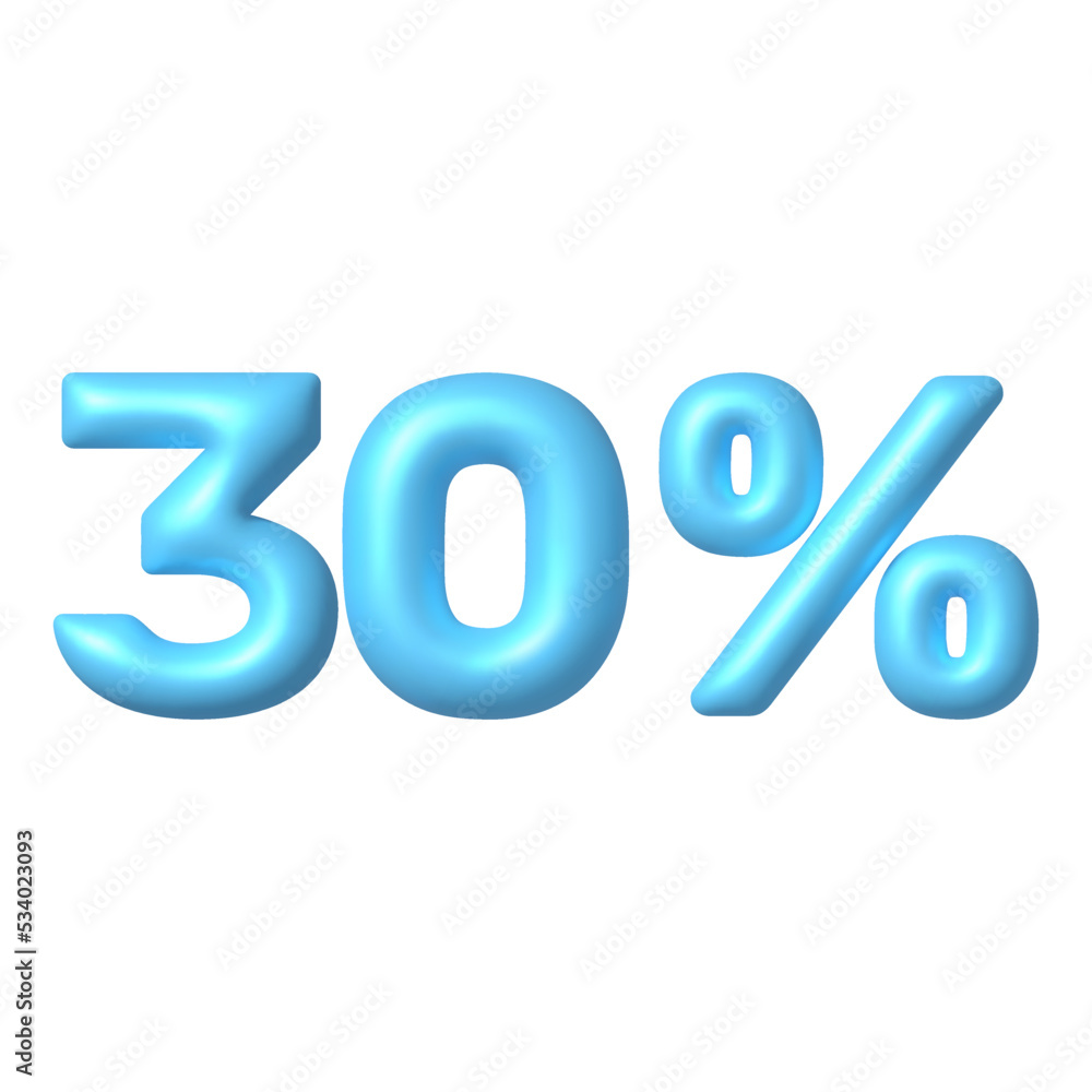 Number 3D icon. Blue glossy 30 percent discount vector sign. 3d vector realistic design element. Number 3D icon. Blue glossy 30 percent discount vector sign. 3d vector realistic design element.