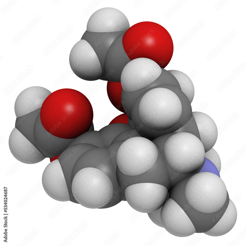 heroin (diacetylmorphine) narcotic drug, molecular model. heroin (diacetylmorphine) narcotic drug, molecular model.