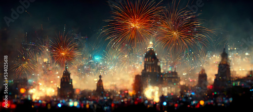 Happy new year 2023 fireworks celebration over the city digital illustration
