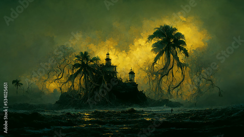 Horror island wallpaper background with scary fancy digital illustration