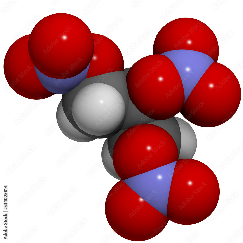 Nitroglycerin (glyceryl trinitrate) explosive molecule. Used in production of dynamite and cordite but also used medically as vasodilator. Nitroglycerin (glyceryl trinitrate) explosive molecule. Used in production of dynamite and cordite but also used medically as vasodilator.