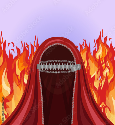 Burka is like a prison. Arab muslim woman in burka zippered and fire, wallpaper vector illustration