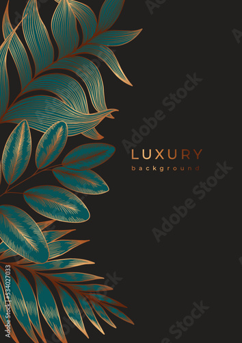 Luxury gold template with tropical plants. Golden linear fern, palm leaf, ficus branch. Poster with leaves with veins on black background