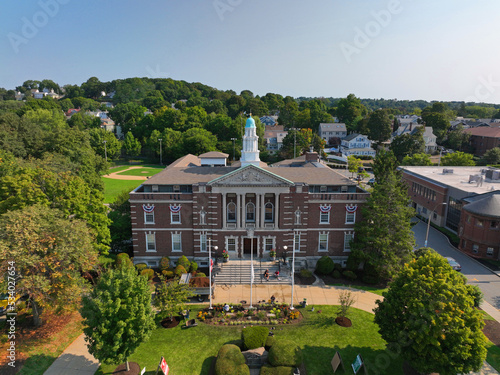 Watertown Town Hall aerial view at 149 Main Street in historic city center of Watertown, Massachusetts MA, USA.  photo