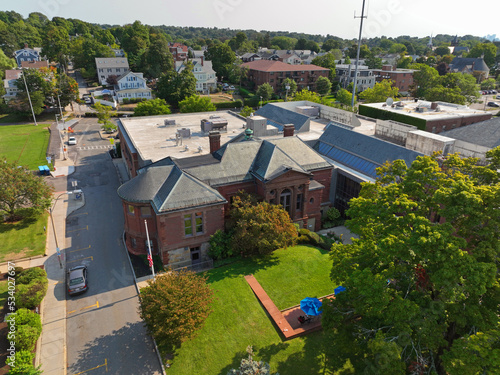 Watertown Free Public Library aerial view at 123 Main Street in historic city center of Watertown, Massachusetts MA, USA. 