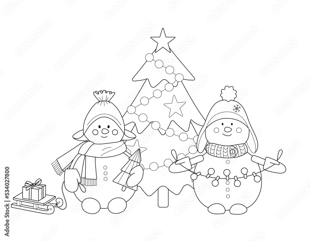 Cute winter kids coloring book with snowman with Christmas tree. Black ...