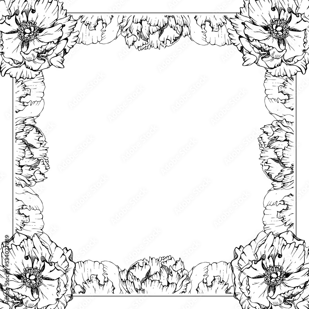 Obraz premium Hand drawn vector square frame wreath arrangement with peony flowers, buds and leaves. Isolated on white background. Design for invitations, wedding or greeting cards, wallpaper, print, textile