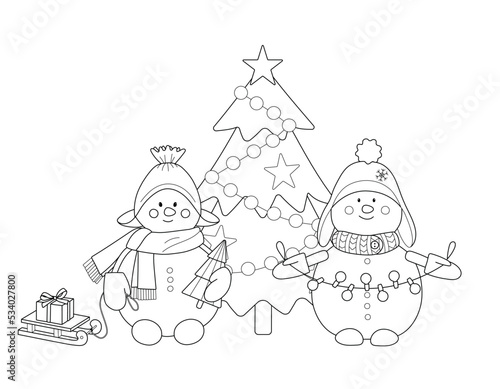 Cute winter kids coloring book with snowman with Christmas tree. Black and white cartoon vector illustration with simple shapes and editable stroke.