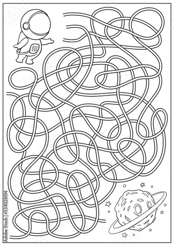 Maze game and coloring book for kids. Labyrinth with cute cartoon cosmonaut and space planet. Children education activity page and worksheet. Outline vector illustration.