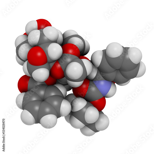 Docetaxel cancer chemotherapy drug molecule. Taxane class drug used in treatment of breast  prostate  lung and ovarian cancer  etc. 