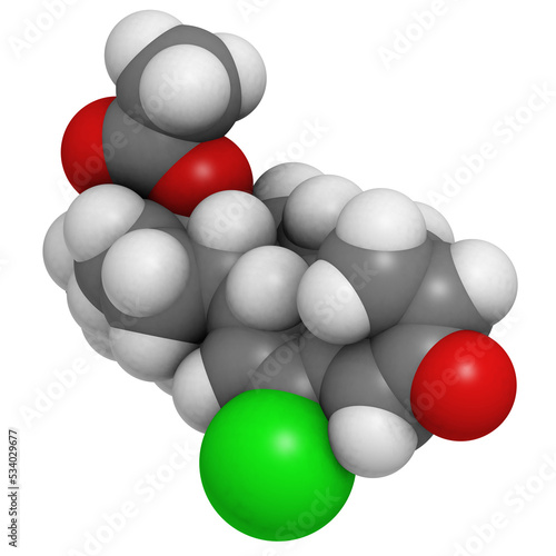 Cyproterone acetate (CPA) oral anticonceptive drug, molecular model.