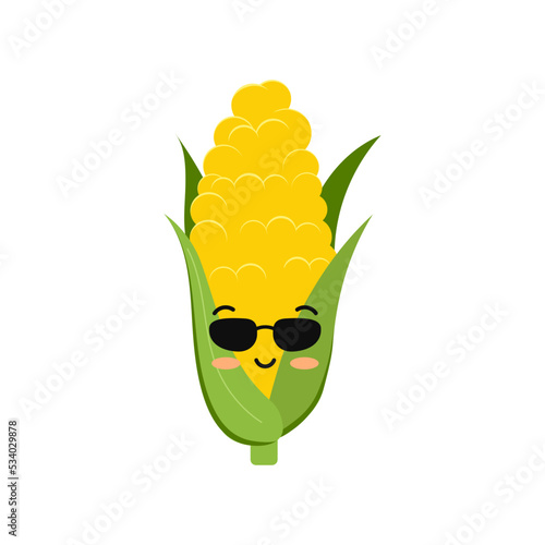 Cute corn cob wearing sunglasses cool funny cartoon baby snack character vector icon.