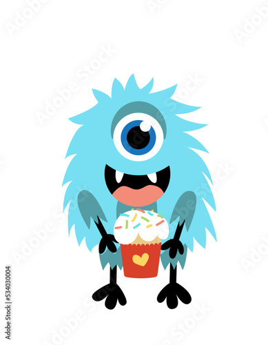 Monster. Blue monocular monster with cupcake. Flat, cartoon, vector