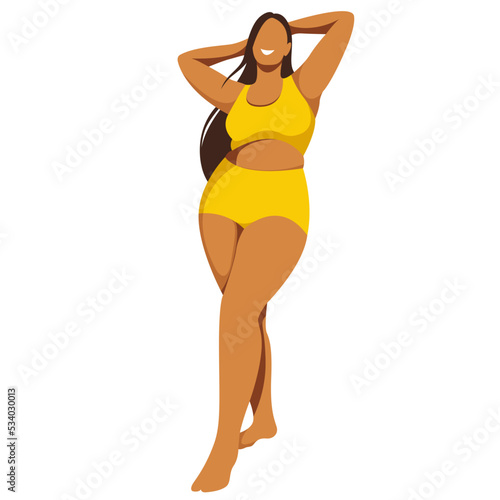 vector image on the theme of body positivity. a young curvy plump girl stands and is not shy about her fat folds at the waist. isolated on white background. love and accept your body. love yourself.