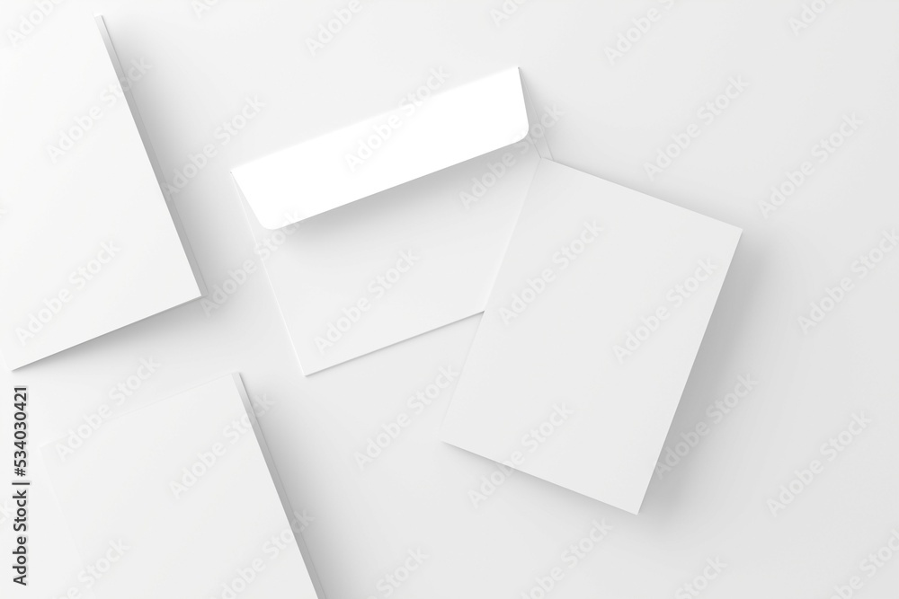 A4 A5 Folded Invitation Card With Envelope 3D Rendering White Blank Mockup A4 A5 Folded Invitation Card With Envelope 3D Rendering White Blank Mockup