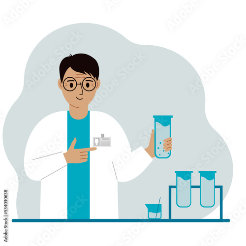 Male scientist with flasks. Experimental scientist, laboratory assistant, biochemistry, chemical, scientific research.
