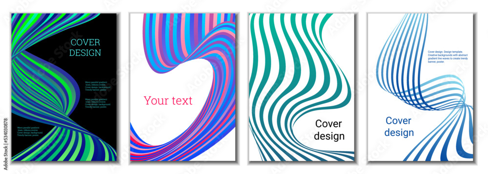 A set of 4 abstract covers. Wavy parallel gradient lines, ribbons evolve. Cover design, background. Trendy banner, poster. A set of 4 abstract covers. Wavy parallel gradient lines, ribbons evolve. Cover design, background. Trendy banner, poster.