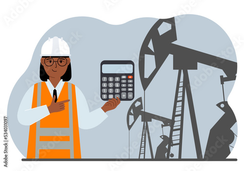 A female refinery engineer worker uses a tableted oil pumping unit. Energy industrial zone, oil drilling.