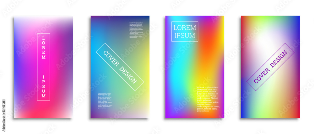 Bright gradient background for the cover. Set of 4 covers. Creative modern vector illustration. Holographic spectrum. Bright gradient background for the cover. Set of 4 covers. Creative modern vector illustration. Holographic spectrum.