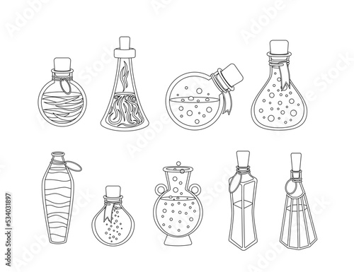 Bottles with potion coloring book. Black and white set of potion. Vector photo