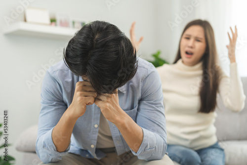 Breakup and depressed, asian young quarrel couple love fight relationship in trouble. Different people are emotion angry. Argue wife has expression, upset with husband. Problem of family people.