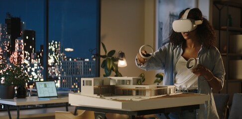 Portrait of African American female architect or student using a virtual reality VR headset to work on a house project late at night, preparing for presentation with a client