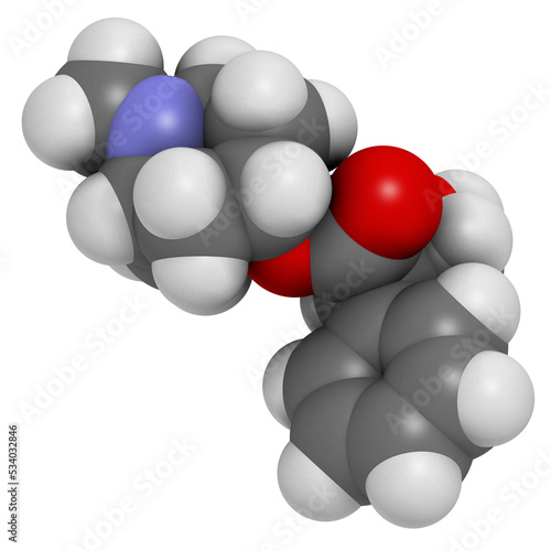 Atropine deadly nightshade (Atropa belladonna) alkaloid molecule. Medicinal drug and poison also found in Jimson weed (Datura stramonium) and mandrake (Mandragora officinarum). photo