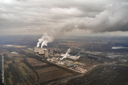 Power plant cooling tower aerial view
