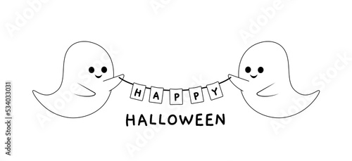 Ghosts streamer Happy Halloween coloring page. Black and white ghost. Vector