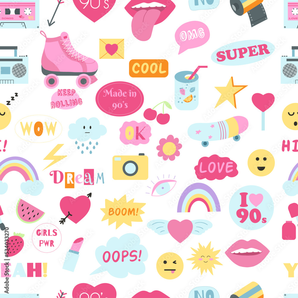 Seamless pattern with 90s girly stickers. Vector illustration of hand ...