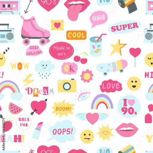 Seamless pattern with 90s girly stickers. Vector illustration of hand drawn classic 80s 90s fashion element, pop girly sticker, emblem, pin, badge, patch. Nostalgia for 1990